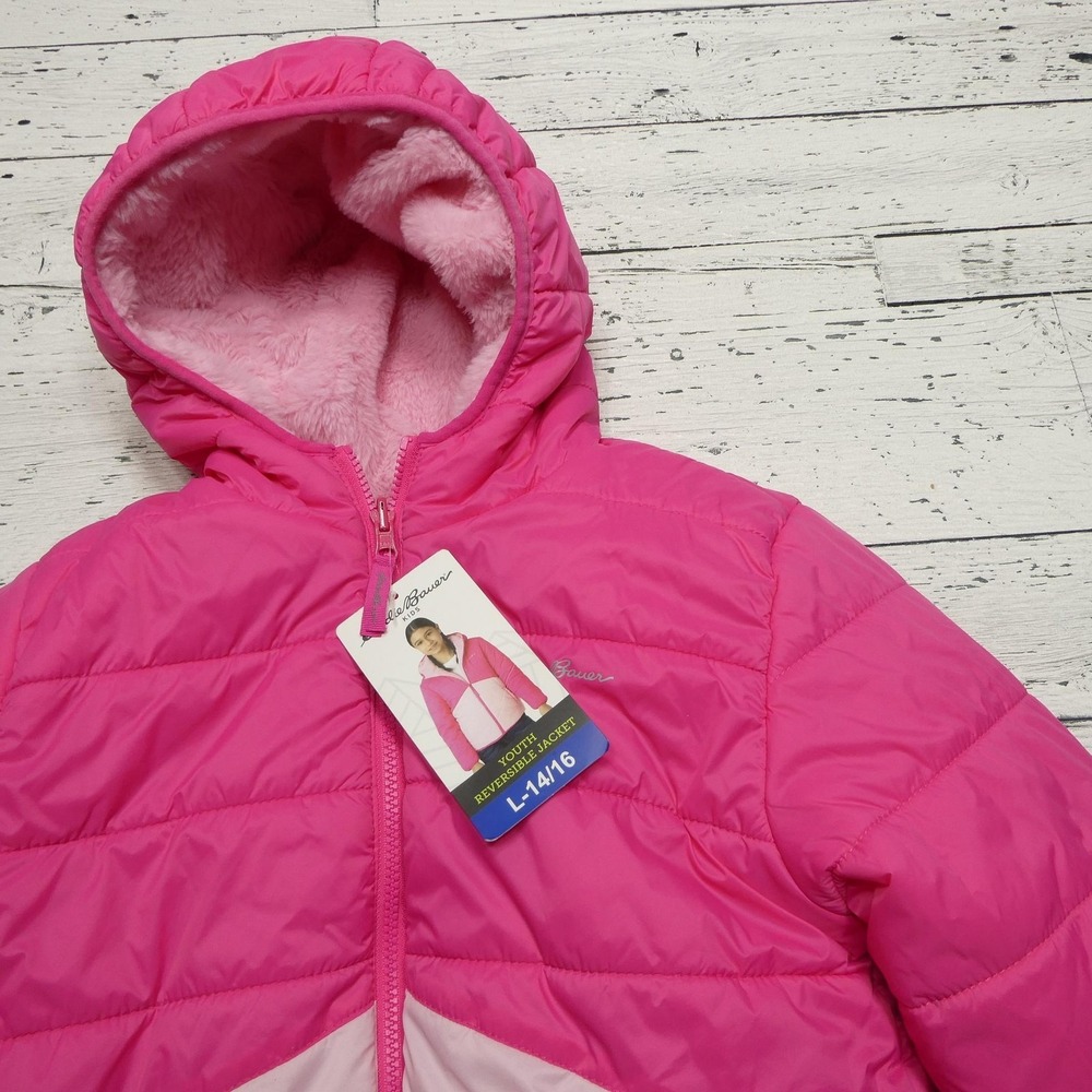 Eddie Bauer Kids Reversible Jacket Girls Large 14/16 Pink Hooded Puffer Fleece - Picture 2 of 9